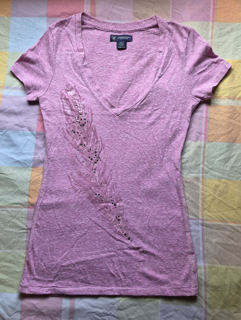 American Eagle Outfitters Pink V-Neck Feather Embellished Tee